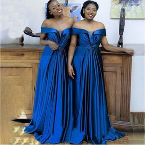 Royal Blue Satin A Line Bruidsmeisjes Jurken met Bow Off Shoulder African Dames Lange Bruiloft Party Jurk