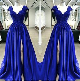 Robe de soirée en satin bleu royal, ligne A, fente haute, col en V, appliques en dentelle perlée, grande taille, robes de soirée pour filles noires africaines, BC5082, 2022