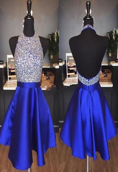 Royal Blue Satin A Line Short Homecoming Dresses Bar bar Beaded Stones Top Longleson Knee Longitud de la rodilla formal Vestidos de cócteles 8753844