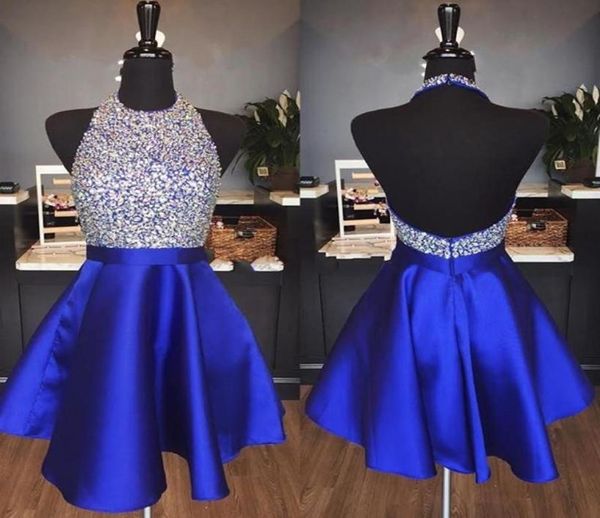 Vestidos de regreso a casa sin espalda de satén azul real lentejuelas joyas halter de cristal vestidos de fiesta cortos sin espalores de fiesta brillantes 4004370