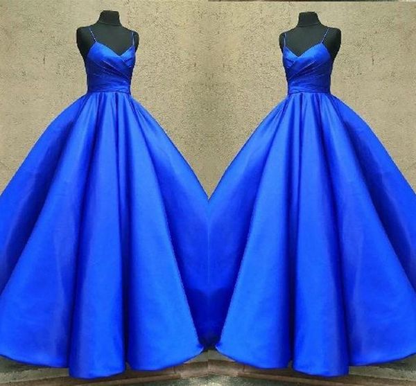 Royal Blue Satin Ball Gown Vestidos de novia plisados Ruched Spaghetti con cuello en V Cupcake Party Dress para novia Vestidos de novia Mujeres vestidos de