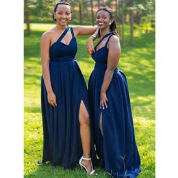 Royal Blue Satin Bruidsmeisje jurken uitgesneden een schouderzijde Slit plus size lange prom-prom-jurk Vestidos Afrikaanse vrouwen jurk
