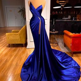Royal Blue Satin Avondjurk Side Split Beading Plooid Mermaid Prom Gowns Dames Formele Party Draag Vestidos de Novia