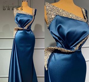 Bleu Royal Satin Sirène Formelle Robes De Soirée Pour Les Femmes Cristal Perlé Plus La Taille De Bal Robes De Soirée Robe De Mariage BC11547