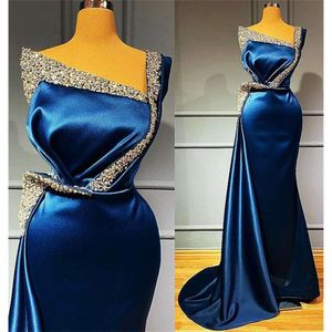 Royal Blue Satin Mermaid Formele vrouwen avondjurken voor AfriCn kralen plus size prom party jurken gewaad de huwelijk