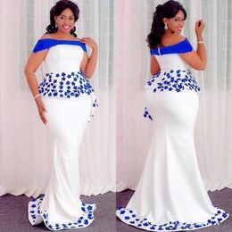Royal Blue Satin Mermaid Plus Size Evening Jurken African Off the Shoulder Appliques Peplum Formal Party Prom Dresses 255F