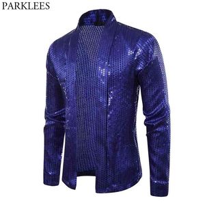 Royal Blue Sequin Bling Cardigan Blazer Hombre Casual Slim Fit Mens Blazers Hi-street Party Prom Stage Ropa para cantantes Disfraz 210522