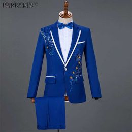 Costume de broderie à paillettes bleu royal hommes mariage marié costumes de smoking pantalon hommes un bouton pic revers scène Come Traje Hombre 2XL Q230828