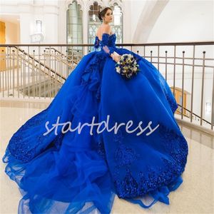 Robes De Quinceanera De Princesse À Paillettes Bleu Royal Sparkly Glitter Pageant À Lacets Robe De Bal Cendrillon Seize Robe De Fête D'anniversaire Sweet 16 Robe Robes De 15 Anos