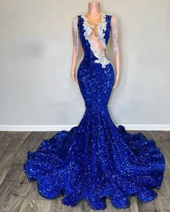 Royal Blue Proxin Prom Dresses 2023 Tassel Applique Mermaid Party Jurken Sheer Neck African Women Gala Dress