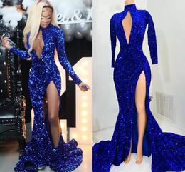 Royal Blue Lades Afrikaanse prom -jurken 2023 Mermaid Lange mouwen Hoge nek Zegel Hollow Out Black Girls 'Avondjurken Sweep Train Side Slit Slit Vestidos de Festa J0318