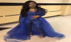 Royal Blue Agsende jumpsuits prom -jurken met afneembare trein v nek lange mouwen feestjurk met lange mouwen toegepaste tule plus size singleen2017395