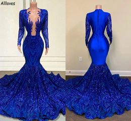 Royal Blue Sequined Lace Trompeta Sirena Vestidos de noche Árabe Aso Ebi Sexy Plunging V Neck Prom Vestidos de fiesta con mangas largas Mujeres Segundo vestido de recepción CL1882