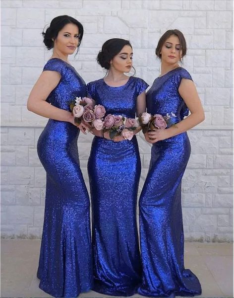 Vestidos de dama de honor sirena con lentejuelas de color azul real, vestido de invitados de boda para niña negra, vestidos de fiesta de graduación de talla grande