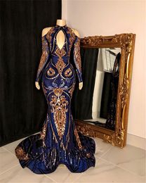 Royal Blue Sequined Prom Dresses 2021 Sexy Hoge Hals Lange mouw Gouden Sequin Black Girls Mermaid Style Gala Feestjurk Avondkleding