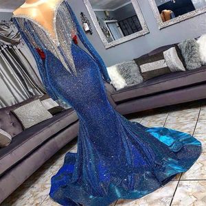 Royal Blue Lovertjes Prom Party Jurken Met Glanzende Kwasten Lange Sleeevs Mermaid Avondjurken 2K19 Formele Jurk Custom Made311K