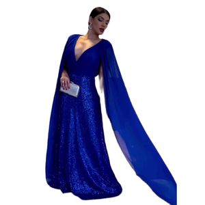 Royal Blue Sequins Evening V Neck Chiffon Cape Sleeve formele slijtage geplooide vloerlengte feestjurken voor vrouwen 415