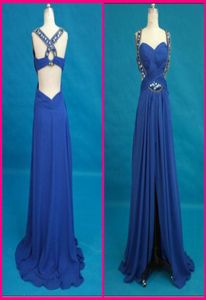 Royal Blue Sexy Essence Prom jurk Halter kristal Ruches Chiffon Homecoming Party Evening Jurk Custom Made Long Proms Gown5624173