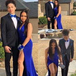 Royal Blue Sexy Mermaid Prom Dresses Long Deep V Neck High Side Split goedkope Backless Sweep Train Formele avondjurken Vestidos de Noche 0430