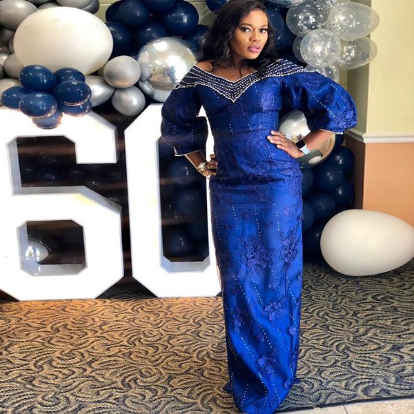 Vestidos de noche de encaje azul real, vestido de fiesta africano de media manga con cuello de cuentas, largo hasta el suelo, vestidos de fiesta formales 2022