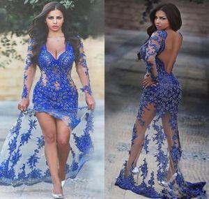 Robe de soirée de bal fourreau bleu royal 2019 sexy à manches longues en dentelle fendue haute robe de soirée formelle voir à travers la robe de concours sur mesure 9986442