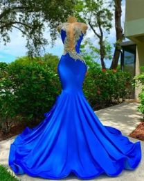 Royal Blue Sheer Crew Neck Vestidos largos de fiesta de sirena Chicas negras 2023 Apliques Fiesta de cumpleaños Vestidos de noche sin espalda Robe De Ball BC15273