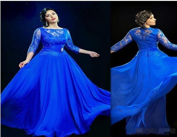 Robes de soirée transparentes bleu royal avec 3 4 manches longues fête formelle longues robes de bal, plus la taille robe grande taille occasion spéciale Dres8189077
