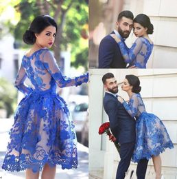 Royal Blue Sheer Long Sheeves Lace Cocktail Dresses 2019 Elegante schep knielengte A Line Short Party Prom jurk Homecoming jurk H6045762