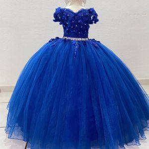 Royal Blue Shiny Flower Girls For Wedding 3Dflower Appliques Crystal Ball Jurken Cute Child Dress Vestidos Para Ninas