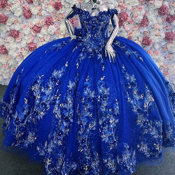 Vestidos de quinceañera con hombros descubiertos, azul real, brillante, vestido de baile hecho a mano, flores, corsé de encaje de cristal, vestidos dulces de 15