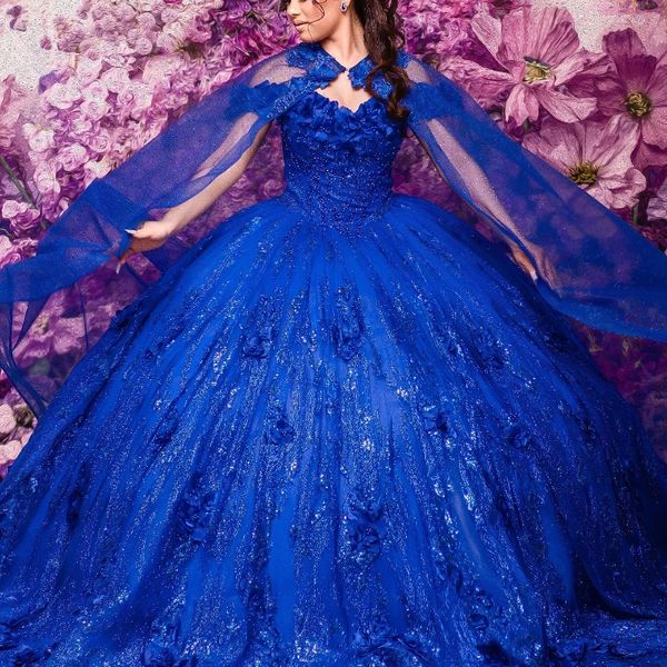 Blue Royal Boule de robe de quinceanera brillant avec Cape 3d Flower Corset Lace Appliques perles Sweet 16 Vestidos de 15 anos