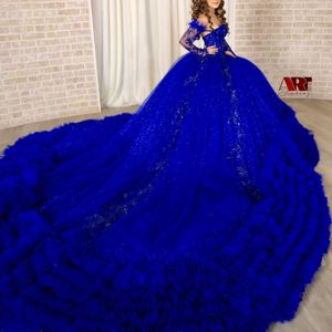 Blue royal Robes de quinceanera brillantes robes de bal pour douce 16 filles perles en dentelle à plusieurs file