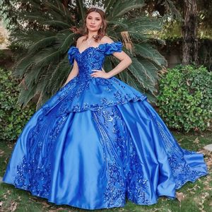 Robe De Quinceanera en Satin bleu Royal brillant à paillettes, épaules dénudées, robe De bal princesse chérie, 15 ans, douce 16, 2024