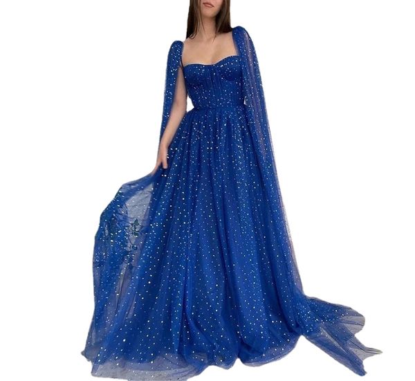 Bleu Royal brillant étoile Tulle robe de bal chérie plissé Long châle a-ligne robe de Graduation robes de soirée élégantes pour les femmes