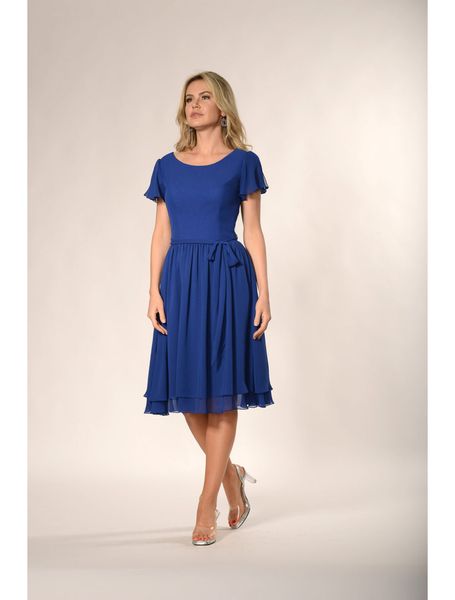 Royal Blue Blue Modesto Modesto Casual Vestidos de dama de honor Wiyh Flutter Mangas de aleteo de gasa Longitud de la rodilla LDS Vestidos de dama de honor con unas de corbata extraíble