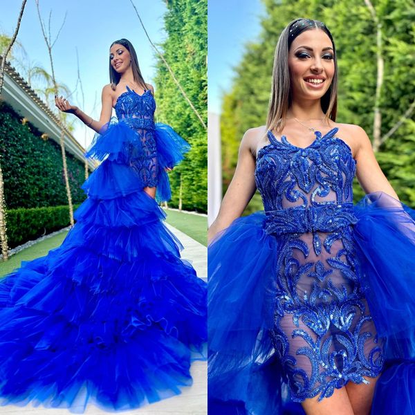 Vestidos de fiesta cortos de color azul real con tren desmontable, falda con volantes, vestidos de fiesta para mujer, vestido de noche Formal de ilusión