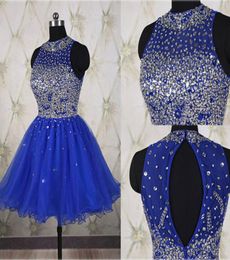 Royal Blue Short Prom Homecoming Dress 2022 High Neck Crystal Sparkly Sequin Beaded A line tulle Keyhole Back Cocktail Party Dress7241857