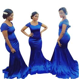 Royal Blue Short Sleeve Bridemaid Jurken Plus Size 2022 Mermaid Stijl Bruiloft Guest Avond Formele Prom Jurken Maid of Honour
