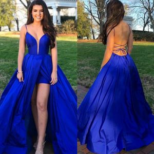 Royal Blue Side Split Backless Prom Dresses Sheer Sluming Neck Avondjurken Plus Size Taffeta A Line Formele Jurk
