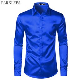 Royal Blue Silk Satin Shirt Men 2019 Luxury Brand New Slim Fit Mens Dress Shirts Wedding Party Casual Male Casual Shirt Chemise P0812