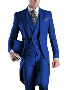 Royal Blue Single Breasted Vest Lange Tail Coat Wedding Suits voor Mannen Piek Revers Mens Pak Evening Party Gentlemen Tuxedos Herenblazers