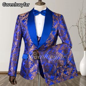 Royal Blue Slim Fit Costumes Mélange Mélange Mélange pour le marié Tuxedos Trois pièces Grooms Pommers Grandes régulières 240514