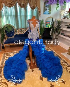 Robes de cérémonie de soirée sirène scintillantes bleu Royal pour femmes, robe de réception de soirée de luxe avec pompons en diamants, pour filles noires