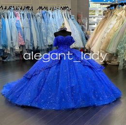 Koningsblauw Sparkly Prinses Quinceanera Jurken 2024 Off Schouder Gillter Applique Corset vestidos de 15 quinceanera 2024