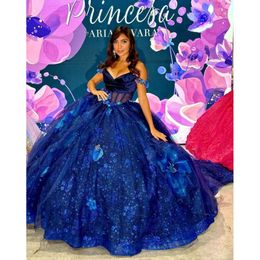 Royal Blue Sparkly Princess Quinceanera Robes de l'épaule Gillter jupe florale Sweet 15 Vestido Dulces 16 Prom Lace Up 0531