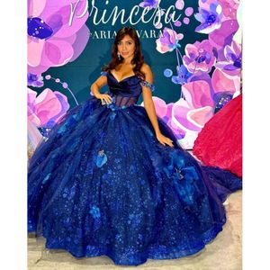 Royal Blue Sparkly Princess Quinceanera Dresses Off Shoulder Gillter Rok Floral Sweet 15 Vestido Dulces 16 Prom Lace Up 0531