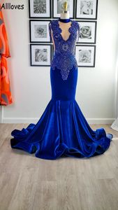 Royal Blue Sparkly strass che borda i vestiti da sera della sirena per le donne Velluto con scollo a V Tromba Coda di pesce Prom Abiti da festa Plus Size Secondo ricevimento CL2150