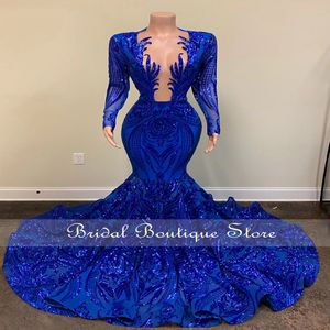Blue Royal Sparkly Sequins Mermaid Prom Robe 2022 pour les filles noires Aso Ebi Party Robe Africain Duven Robes Formal Robe de Bal 0415 247D