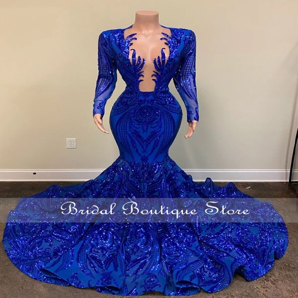 Blue Royal Sparkly Sequins Mermaid Prom Robe 2022 pour les filles noires Aso Ebi Party Robe Africain Duven Robes Formal Robe de Bal 0415 247D