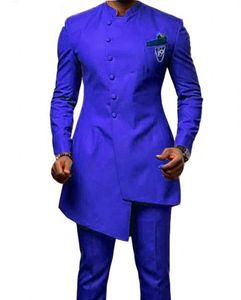 Royal Blue Stand Collar Serge Groom Tuxedos Mode Long Groomsmen Mariage Tuxedos Hommes Formel Blazer Prom Veste Costume (Veste + Pantalon + Cravate) 339